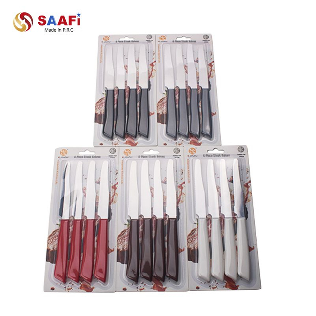 Juego de cuchillos para carne con mango de pl&aacute;stico de 4 piezas: cuchillos de mesa dentados de acero inoxidable para uso en cocina y restaurante