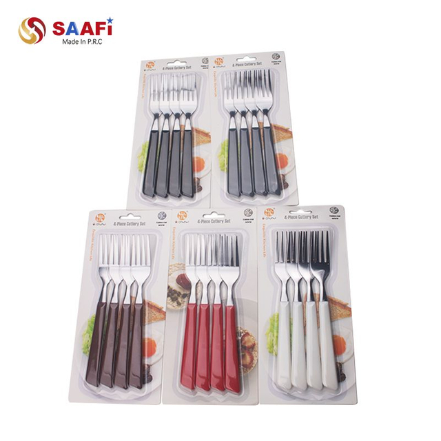 Juego de tenedores de acero inoxidable de 4 piezas con mango de pl&aacute;stico | Cubiertos dom&eacute;sticos para cocina y comedor.