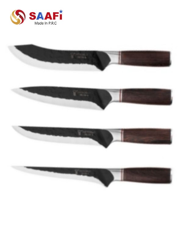 Cuchillo de chef de acero inoxidable con textura forjada y mango de madera oscura para cocinas profesionales