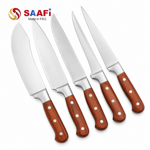 Bộ dao l&agrave;m bếp bằng th&eacute;p kh&ocirc;ng gỉ 5 m&oacute;n c&oacute; tay cầm bằng gỗ để cung cấp nh&agrave; bếp chuy&ecirc;n nghiệp